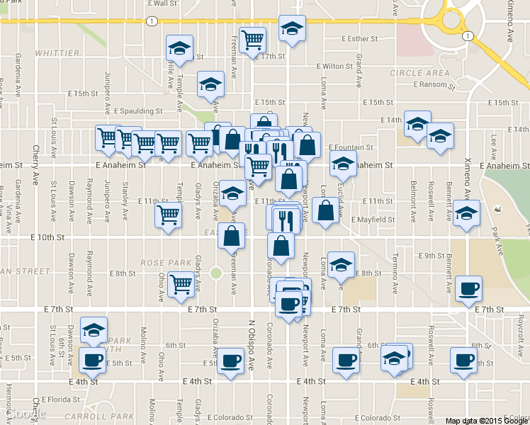 map of restaurants, bars, coffee shops, grocery stores, and more near 1048 Coronado Avenue in Long Beach