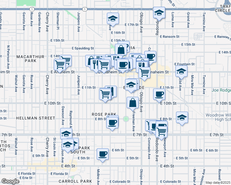 map of restaurants, bars, coffee shops, grocery stores, and more near 1051 Gladys Avenue in Long Beach