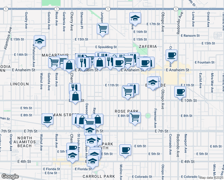 map of restaurants, bars, coffee shops, grocery stores, and more near 1051 Stanley Avenue in Long Beach