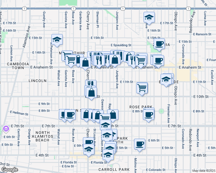 map of restaurants, bars, coffee shops, grocery stores, and more near 2315 East Vera Court in Long Beach