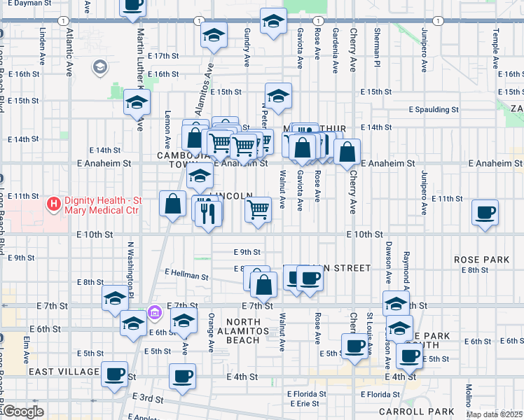 map of restaurants, bars, coffee shops, grocery stores, and more near 1503 East Sunshine Court in Long Beach
