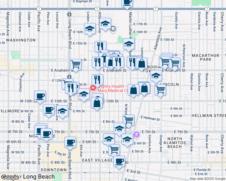 map of restaurants, bars, coffee shops, grocery stores, and more near 1045 Marietta Court in Long Beach
