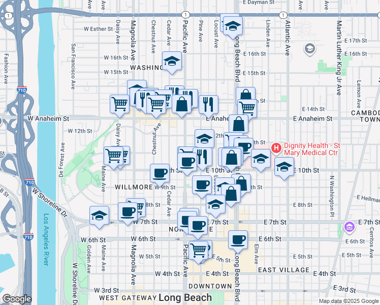 map of restaurants, bars, coffee shops, grocery stores, and more near 1059 Pacific Avenue in Long Beach