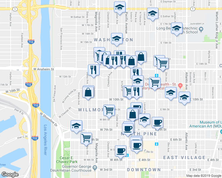 map of restaurants, bars, coffee shops, grocery stores, and more near 1051 Cedar Avenue in Long Beach