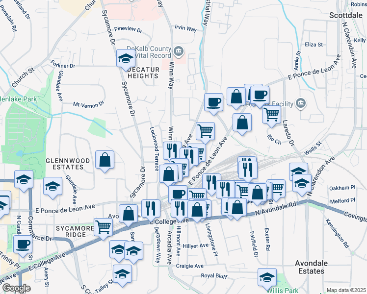 map of restaurants, bars, coffee shops, grocery stores, and more near 220 North Arcadia Avenue in Decatur