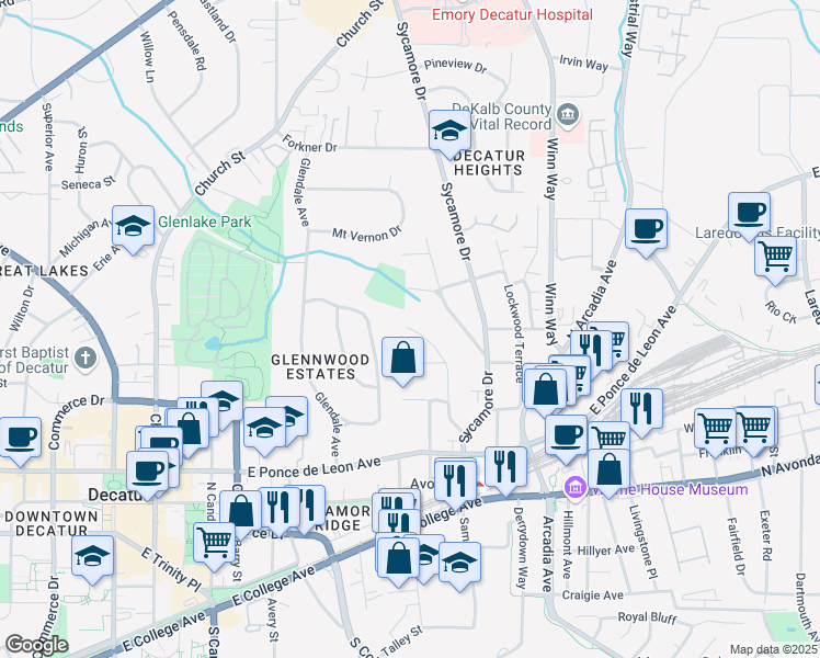 map of restaurants, bars, coffee shops, grocery stores, and more near 350 Hillcrest Avenue in Decatur