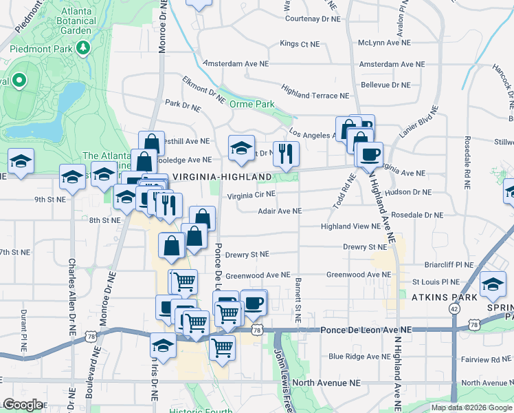 map of restaurants, bars, coffee shops, grocery stores, and more near 788 Adair Avenue Northeast in Atlanta