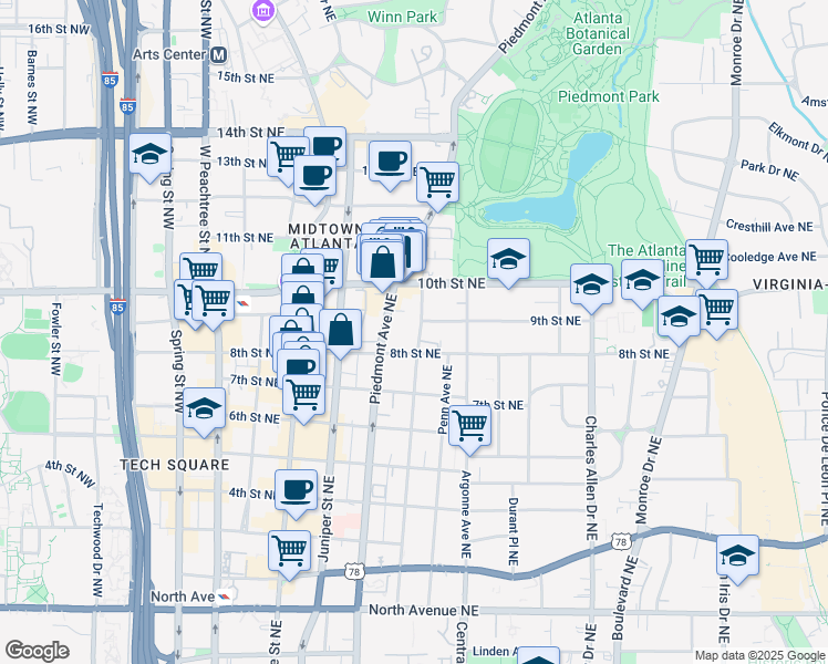 map of restaurants, bars, coffee shops, grocery stores, and more near 921 Myrtle Street Northeast in Atlanta