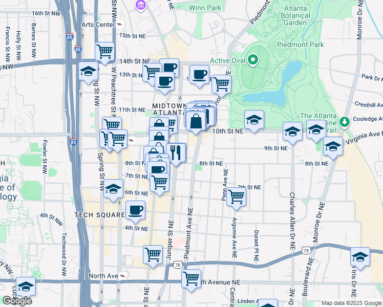 map of restaurants, bars, coffee shops, grocery stores, and more near in Atlanta