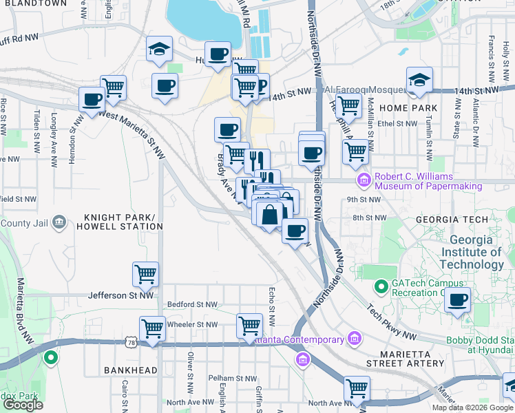 map of restaurants, bars, coffee shops, grocery stores, and more near 914 Howell Mill Road Northwest in Atlanta