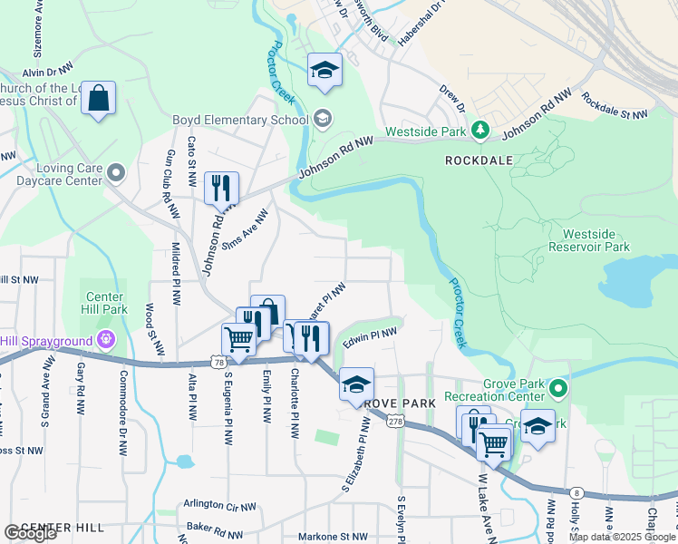 map of restaurants, bars, coffee shops, grocery stores, and more near 948 Margaret Place Northwest in Atlanta
