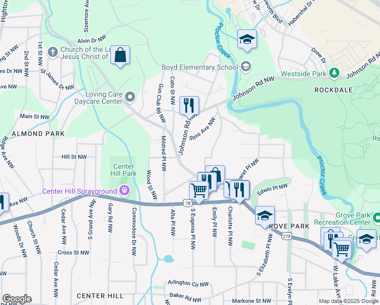 map of restaurants, bars, coffee shops, grocery stores, and more near Hollywood Road Northwest in Atlanta