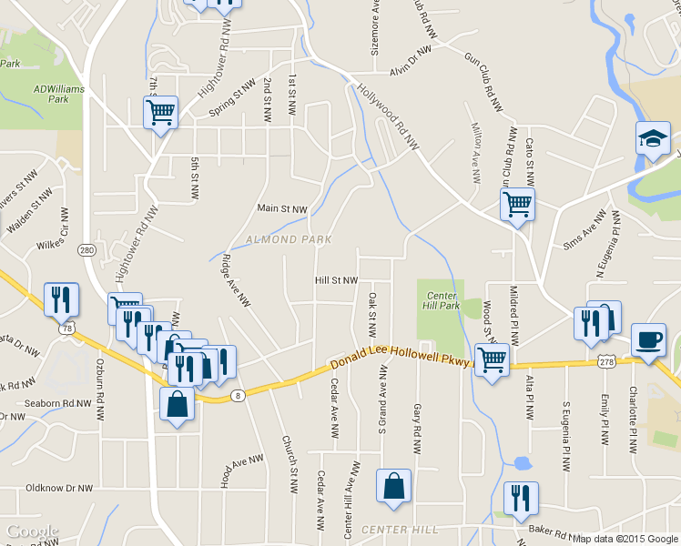 map of restaurants, bars, coffee shops, grocery stores, and more near 2355 Hill Street Northwest in Atlanta