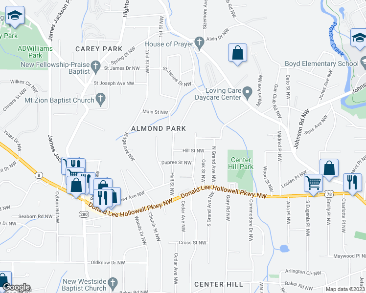 map of restaurants, bars, coffee shops, grocery stores, and more near 2355 Hill Street Northwest in Atlanta