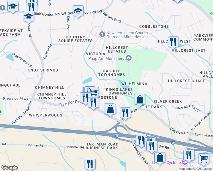 map of restaurants, bars, coffee shops, grocery stores, and more near 7162 Fringe Flower Drive in Austell