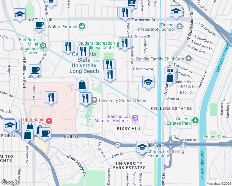 map of restaurants, bars, coffee shops, grocery stores, and more near 930 North Holly Glen Drive in Long Beach