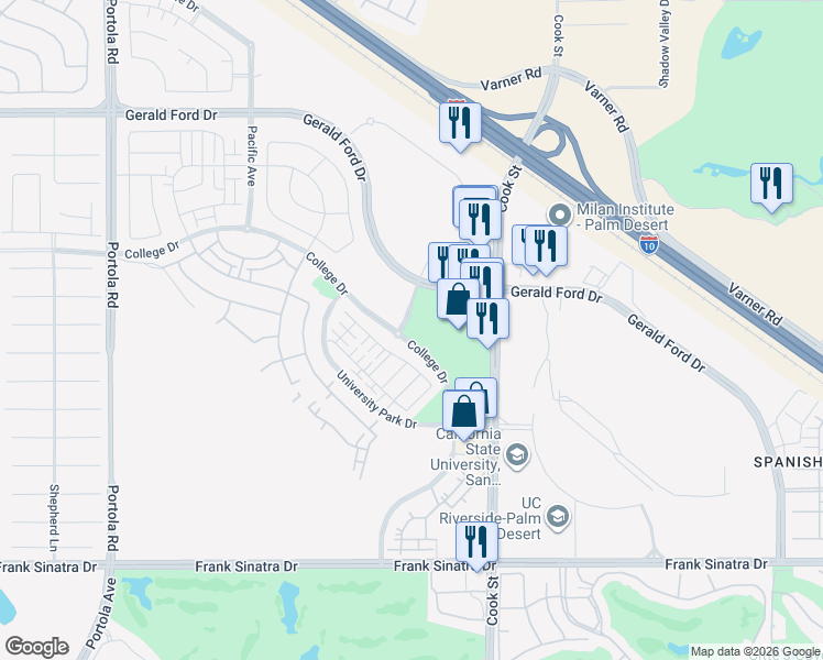 map of restaurants, bars, coffee shops, grocery stores, and more near 945 Technology Drive in Palm Desert