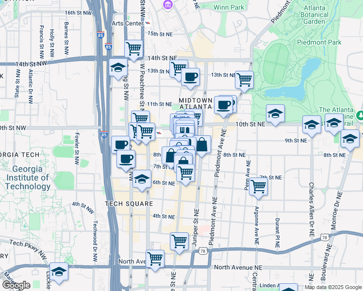 map of restaurants, bars, coffee shops, grocery stores, and more near 938 Peachtree Street Northeast in Atlanta