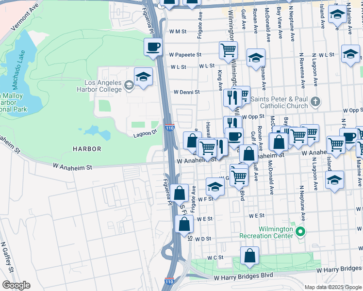 map of restaurants, bars, coffee shops, grocery stores, and more near 1335 W I St in Los Angeles