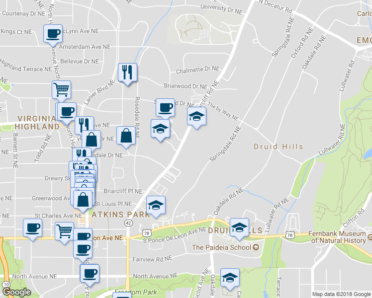 map of restaurants, bars, coffee shops, grocery stores, and more near 949 Briarcliff Road Northeast in Atlanta