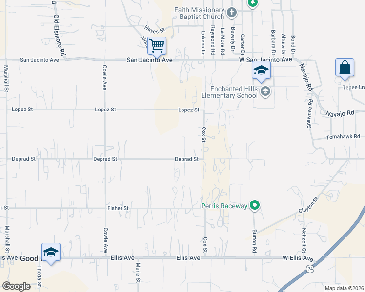 map of restaurants, bars, coffee shops, grocery stores, and more near 22980 Deprad Street in Perris