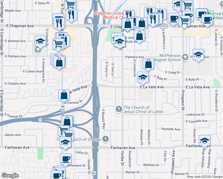 map of restaurants, bars, coffee shops, grocery stores, and more near 533 South Fairmont Way in Orange
