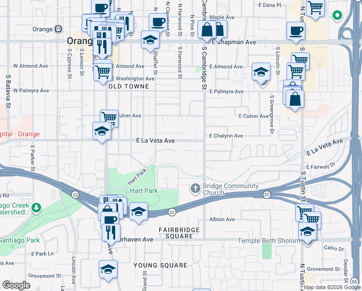 map of restaurants, bars, coffee shops, grocery stores, and more near 735 East Tularosa Avenue in Orange