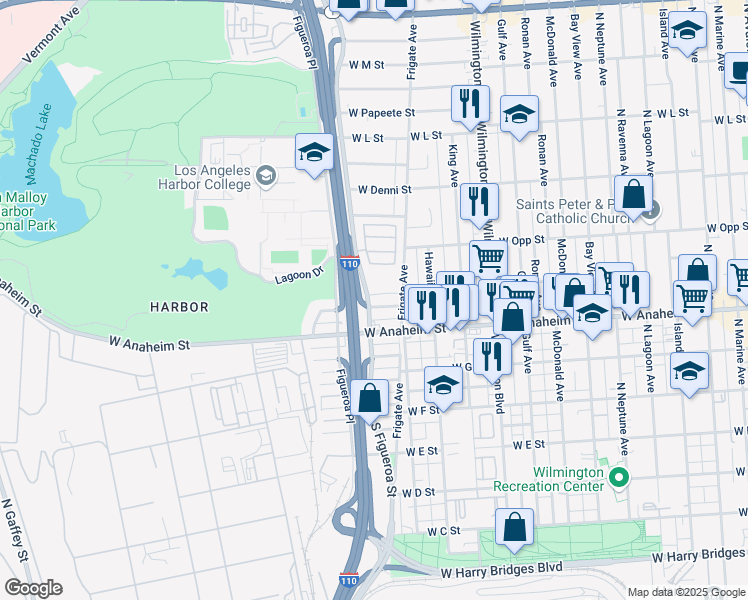 map of restaurants, bars, coffee shops, grocery stores, and more near 1335 West I Street in Los Angeles