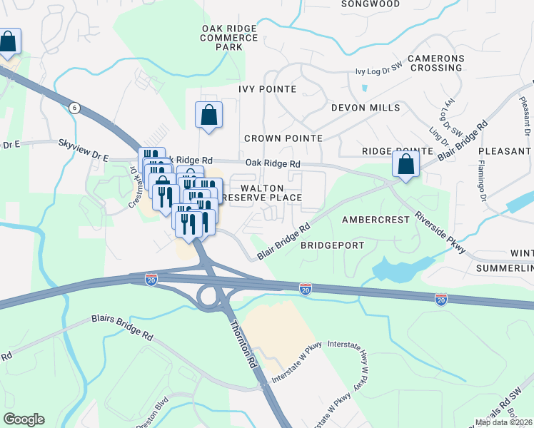 map of restaurants, bars, coffee shops, grocery stores, and more near 1595 Blair Bridge Road in Austell