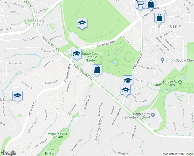 map of restaurants, bars, coffee shops, grocery stores, and more near 3805 Palos Verdes Drive North in Rolling Hills Estates