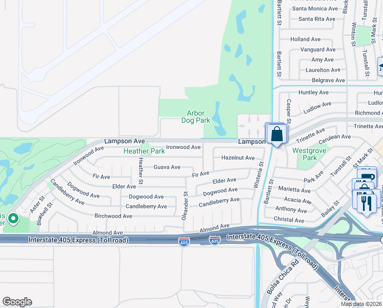 map of restaurants, bars, coffee shops, grocery stores, and more near 4665 Hazelnut Avenue in Seal Beach