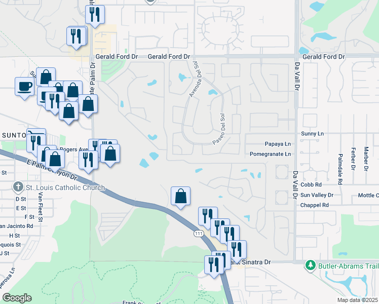 map of restaurants, bars, coffee shops, grocery stores, and more near 69518 Las Camelias in Cathedral City