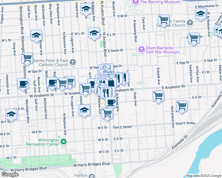 map of restaurants, bars, coffee shops, grocery stores, and more near 124 East Anaheim Street in Los Angeles