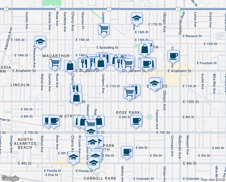 map of restaurants, bars, coffee shops, grocery stores, and more near 1070 Stanley Avenue in Long Beach