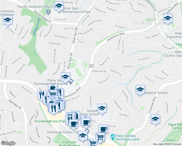 map of restaurants, bars, coffee shops, grocery stores, and more near 5044 Blackhorse Road in Rancho Palos Verdes