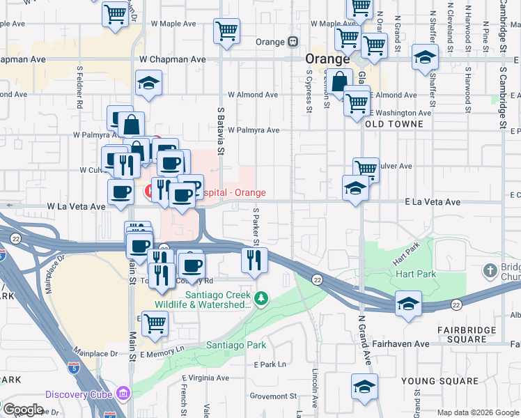 map of restaurants, bars, coffee shops, grocery stores, and more near 501 South Parker Street in Orange