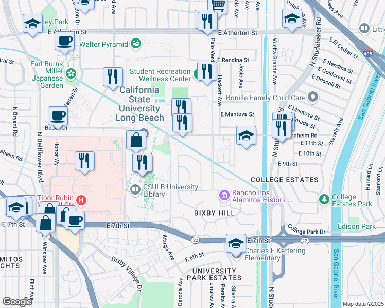 map of restaurants, bars, coffee shops, grocery stores, and more near 930 North Holly Glen Drive in Long Beach