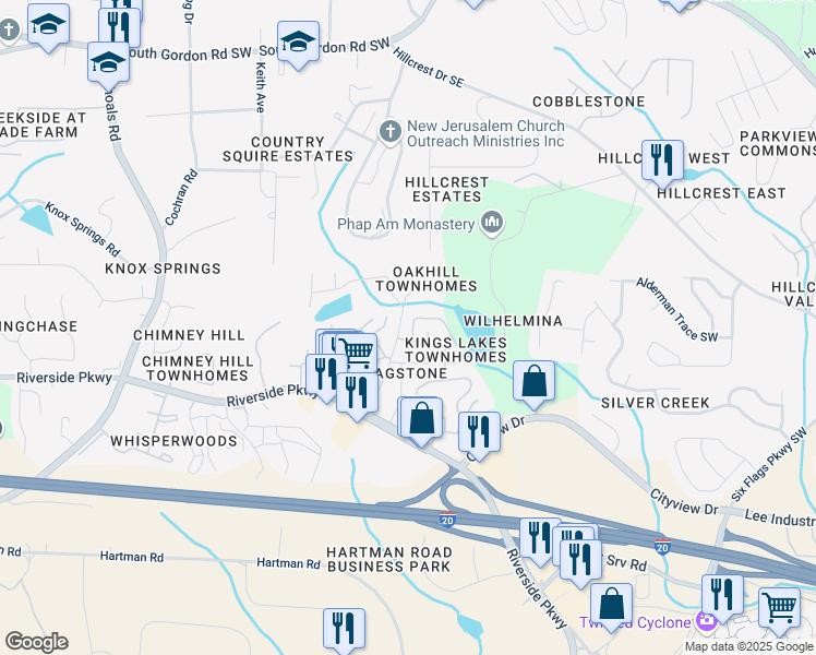 map of restaurants, bars, coffee shops, grocery stores, and more near 7162 Fringe Flower Drive in Austell