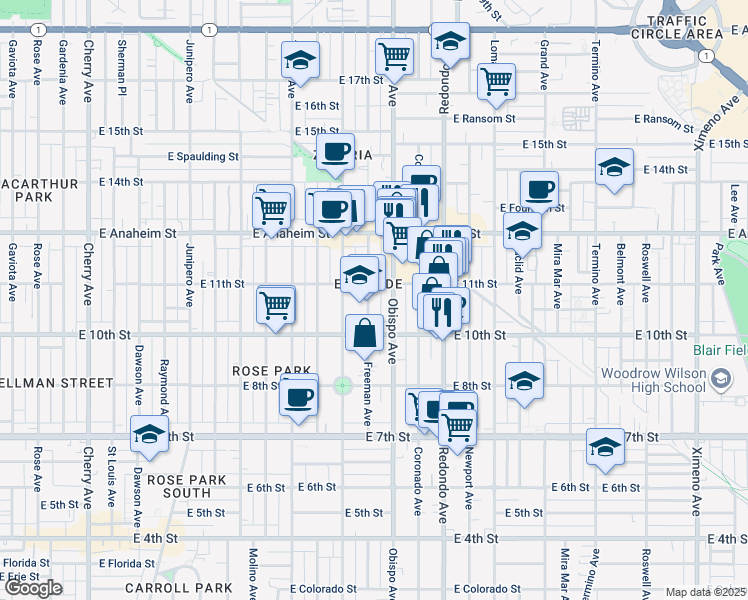 map of restaurants, bars, coffee shops, grocery stores, and more near 1049 Obispo Avenue in Long Beach
