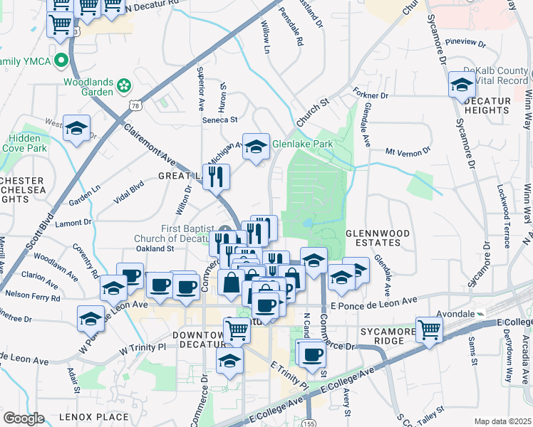 map of restaurants, bars, coffee shops, grocery stores, and more near 415 Clairemont Avenue in Decatur