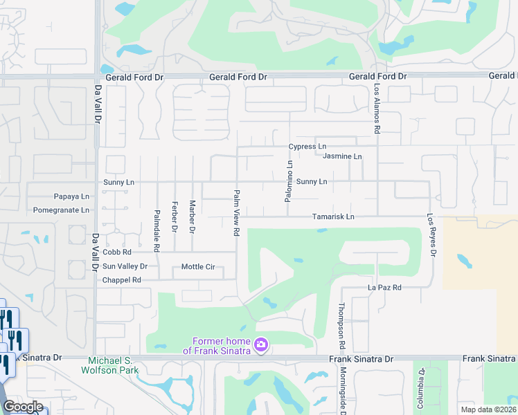 map of restaurants, bars, coffee shops, grocery stores, and more near 70570 Camellia Court in Rancho Mirage