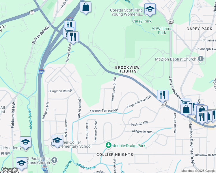 map of restaurants, bars, coffee shops, grocery stores, and more near 3035 McLendon Circle Northwest in Atlanta