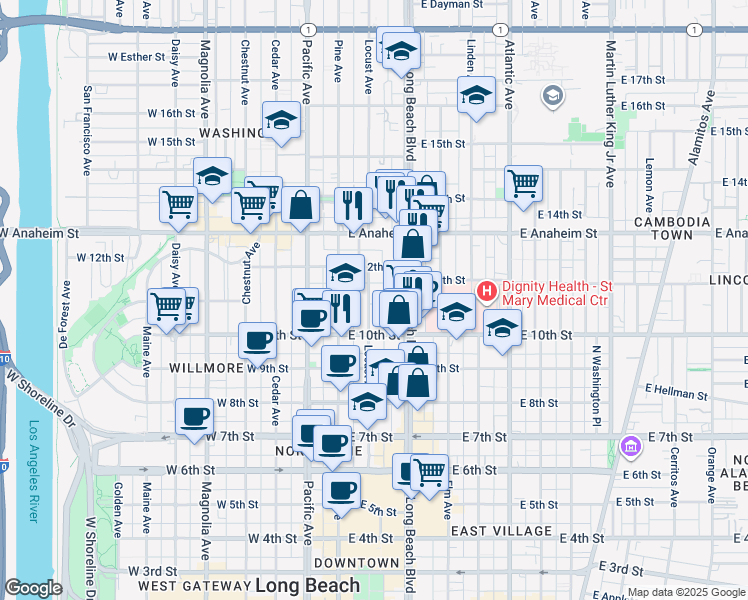 map of restaurants, bars, coffee shops, grocery stores, and more near 1106 Locust Avenue in Long Beach