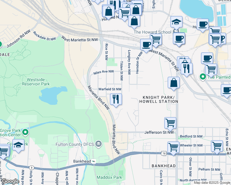 map of restaurants, bars, coffee shops, grocery stores, and more near 1179 Foster Place Northwest in Atlanta