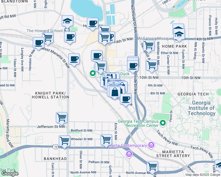 map of restaurants, bars, coffee shops, grocery stores, and more near 930 Howell Mill Road in Atlanta