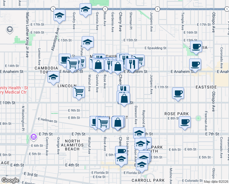 map of restaurants, bars, coffee shops, grocery stores, and more near 1070 Gardenia Avenue in Long Beach