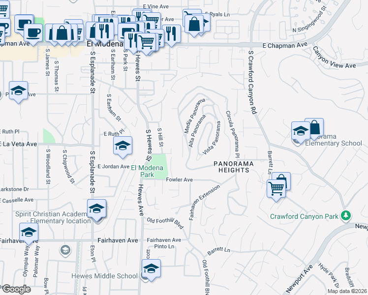 map of restaurants, bars, coffee shops, grocery stores, and more near 12276 Circula Panorama Place in North Tustin