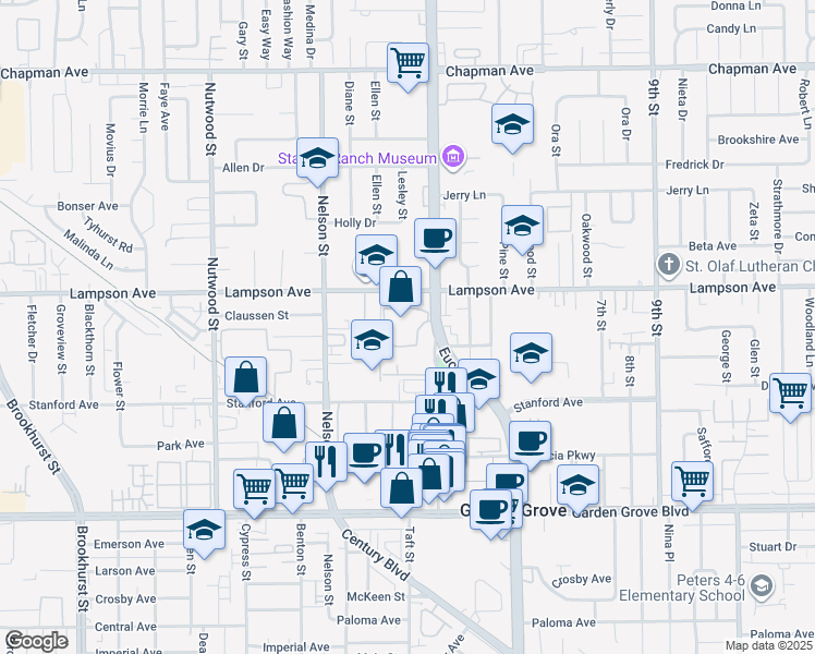 map of restaurants, bars, coffee shops, grocery stores, and more near 12555 Euclid Street in Garden Grove