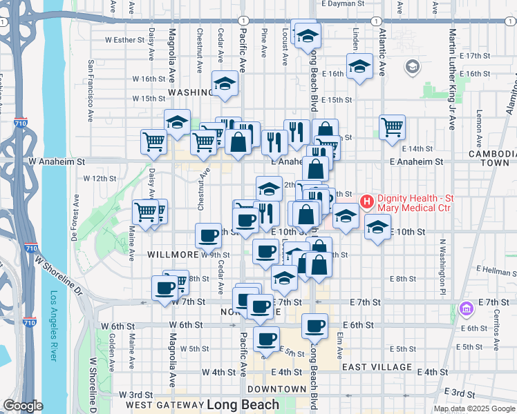 map of restaurants, bars, coffee shops, grocery stores, and more near 1055 Pine Avenue in Long Beach