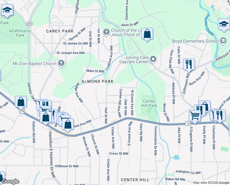 map of restaurants, bars, coffee shops, grocery stores, and more near 2355 Hill Street Northwest in Atlanta